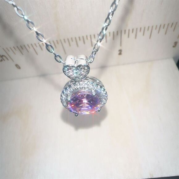 Pink Zircon Heart Pendant Necklace Silver Plated 18” - Picture 2 of 4